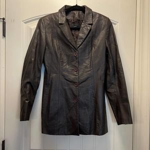 Identify Women's Brown Four Button Front Notch Lapel Casual Leather Coat Size 10